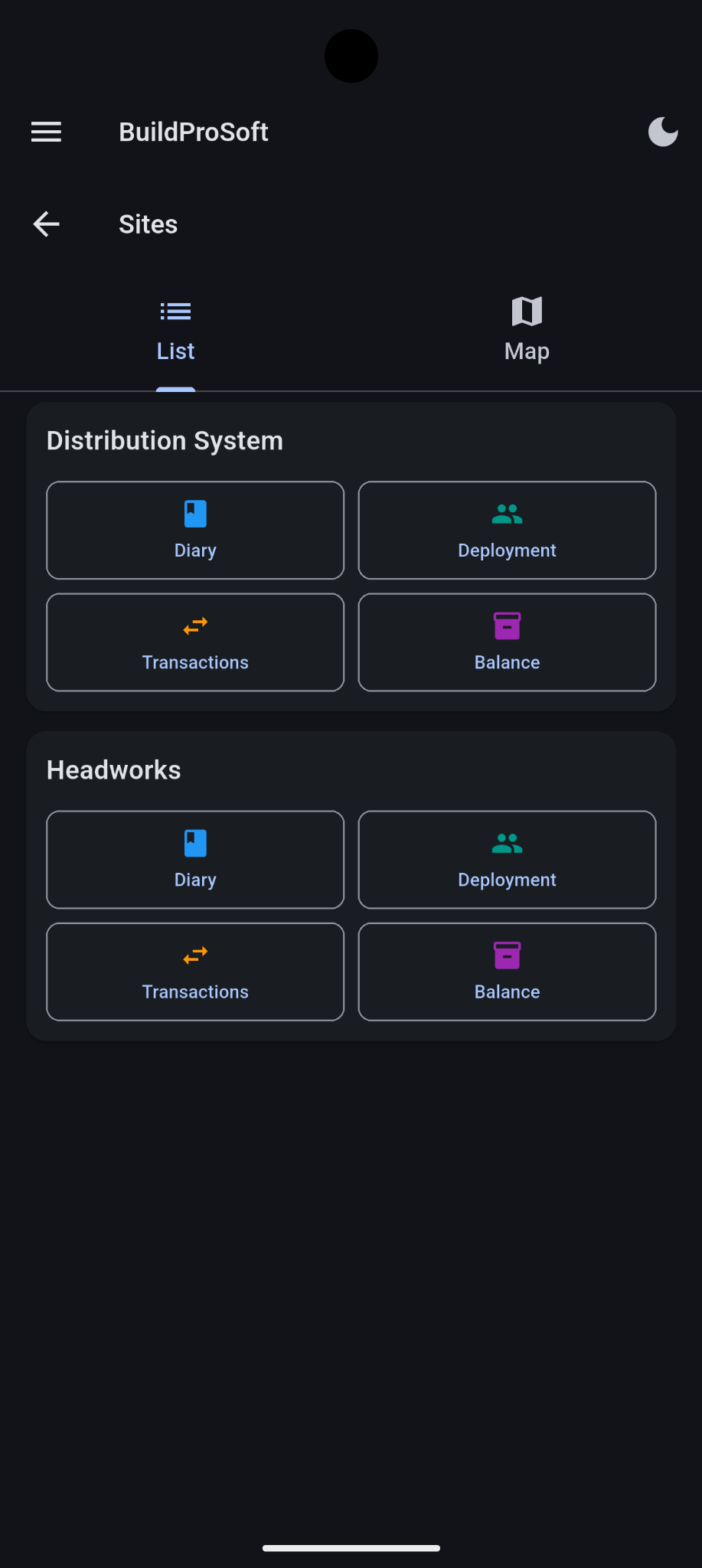 Sites screen